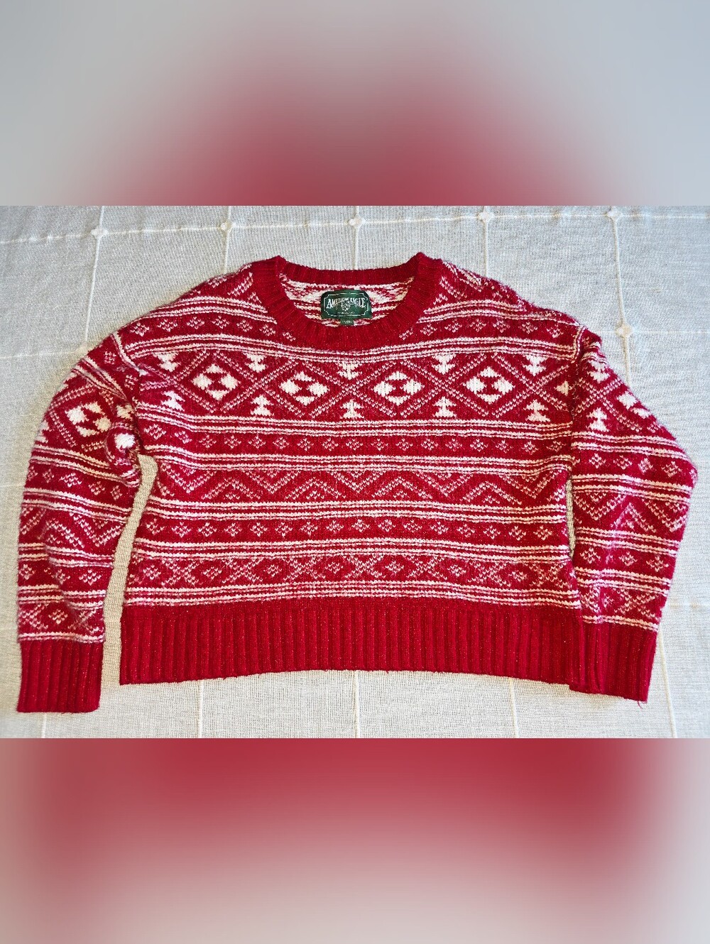 Vintage American Eagle Red and White Fair Isle Crewneck Sweater